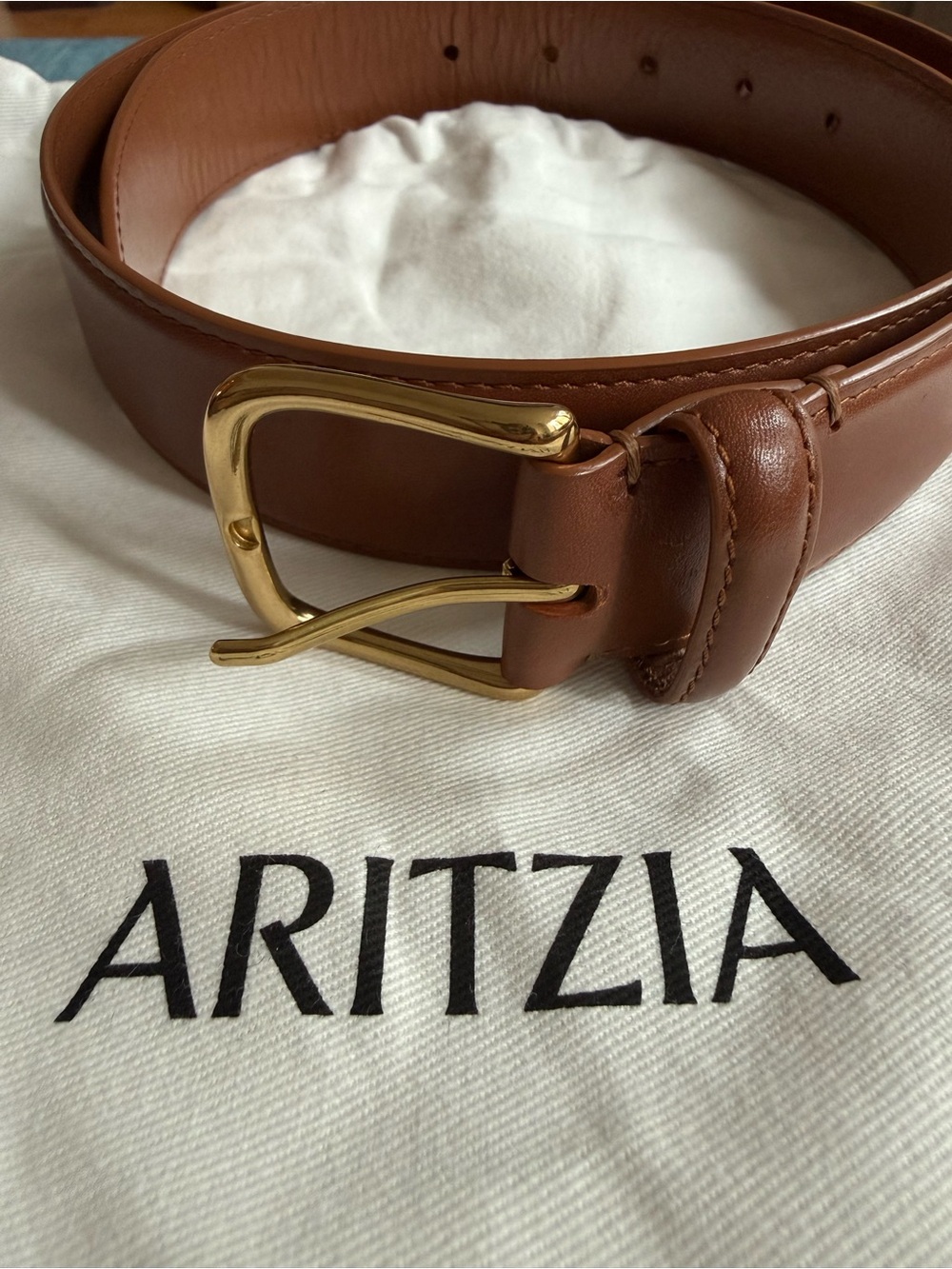 Aritzia Tan Leather Belt with Gold Buckle